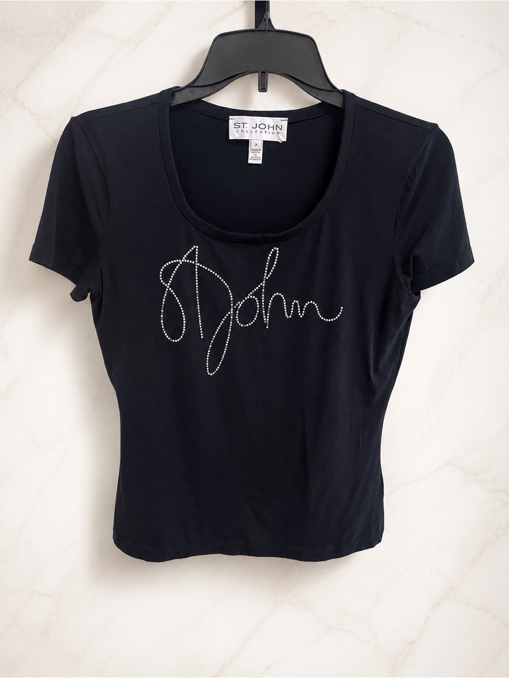 St. John Black Short-Sleeve Rhinestone Logo Tee